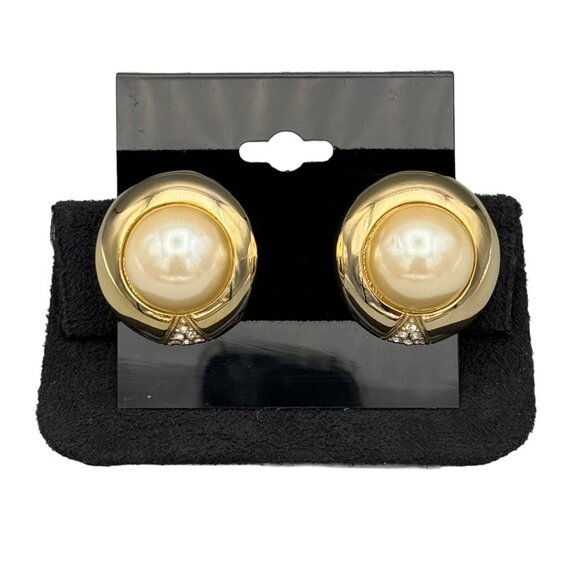 50s Glamour Faux Pearl, Gold, & Rhinestone Statement Button Vintage Earrings - Picture 7 of 9